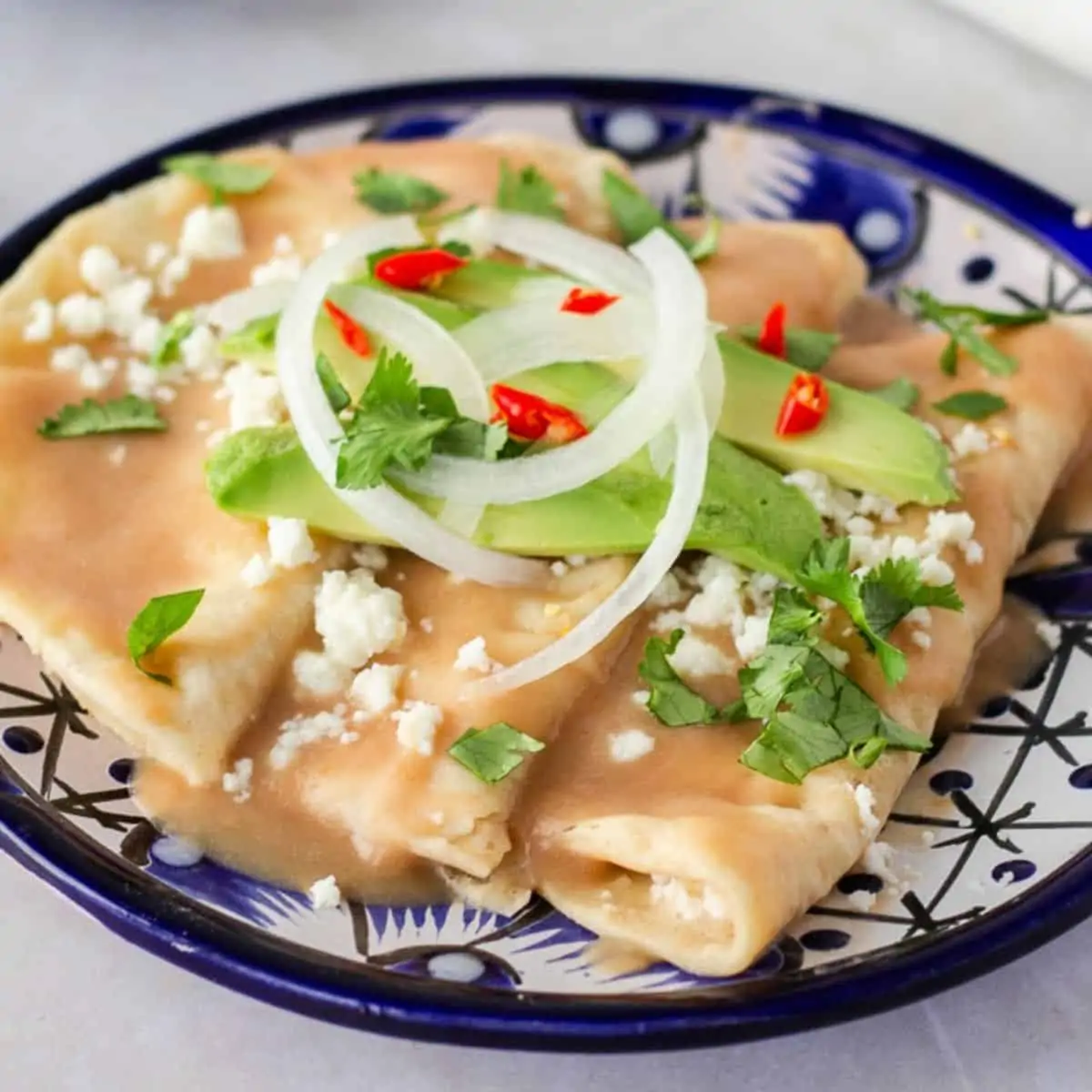 Up close view of enfrijoladas on a blue plate.