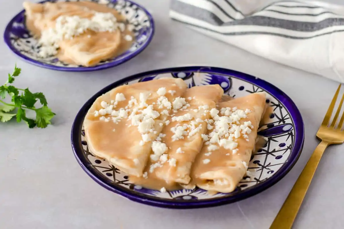 Two blue plates with enfrijoladas and a gold fork on the side.