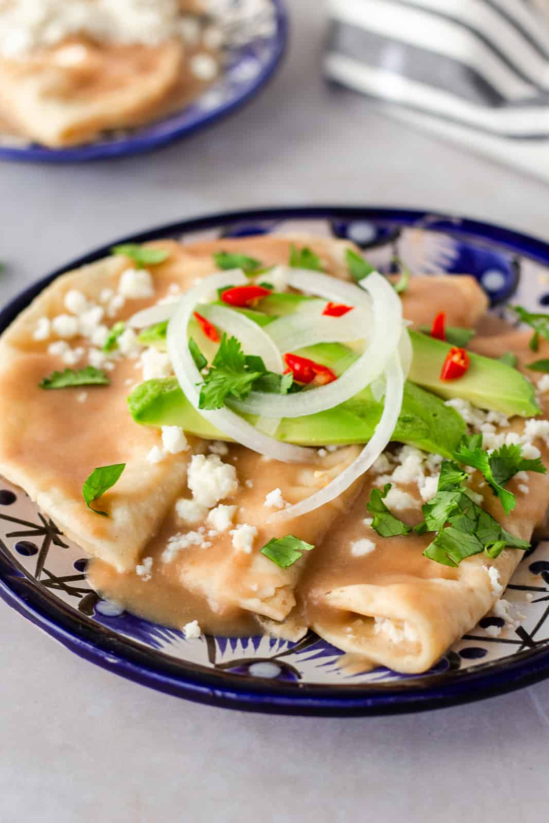 Garnished bean enchiladas with avocado, onions, and cilantro.