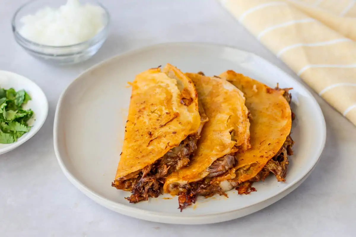 3 quesabirria tacos without toppings on a plate.