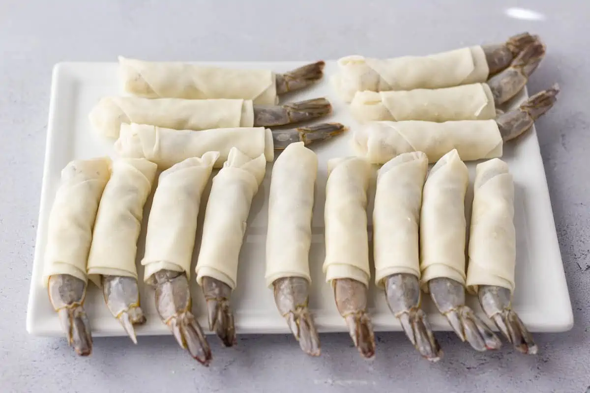 Raw Shrimp wrapped in spring roll wrapper.