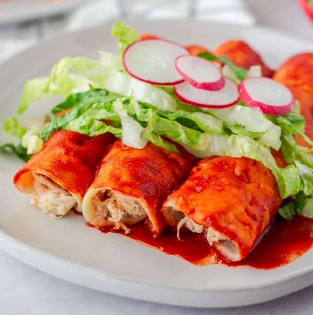 Up close view of chicken filled red enchiladas.