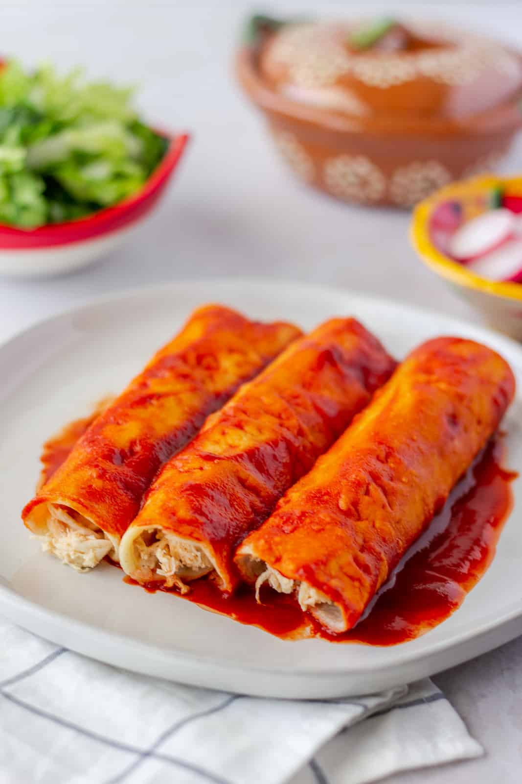 Enchiladas rojas on a plate with no toppings.