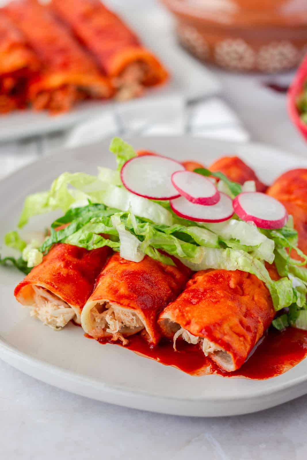 Enchiladas rojas on a plate filled with chicken and toppings.