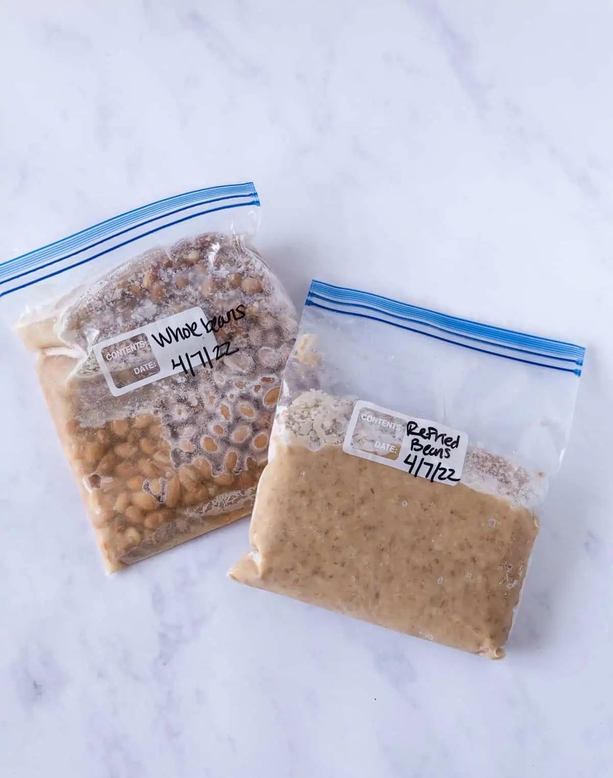 Overhead view of 2 bags for frozen beans.