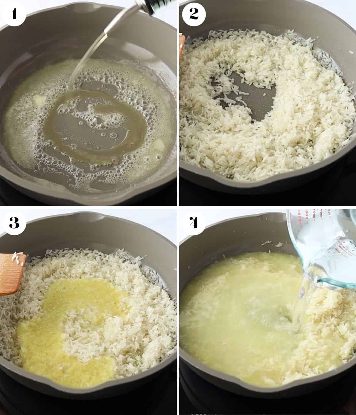 Collage of 4 images showing how to cook rice.