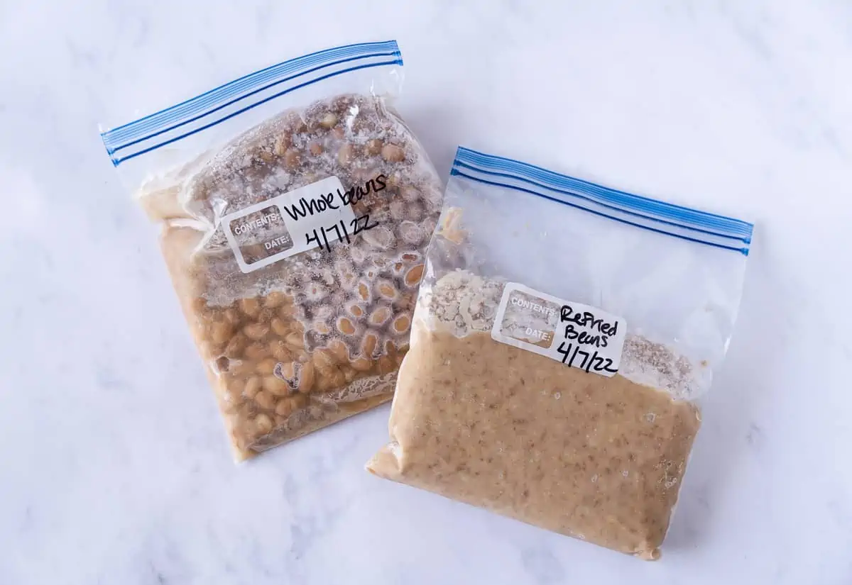 1 bag of frozen whole beans and 1 bag of frozen refried beans.