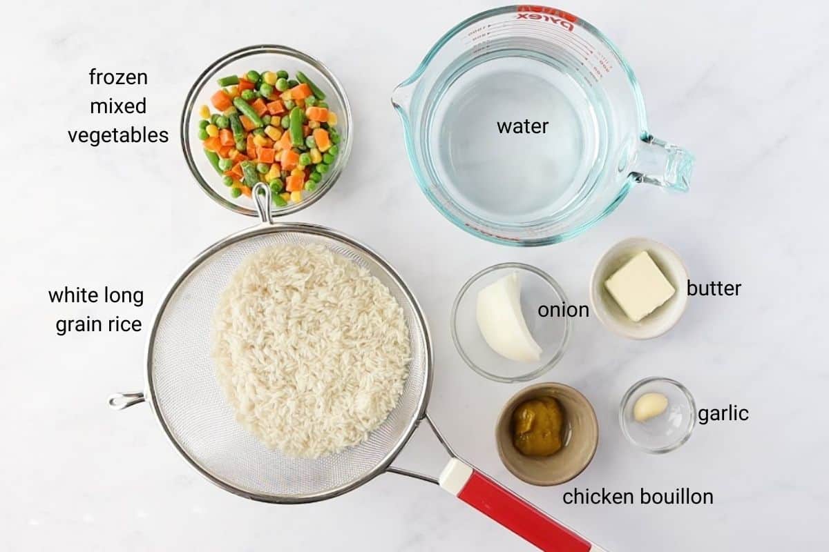 Ingredients and text for arroz primavera