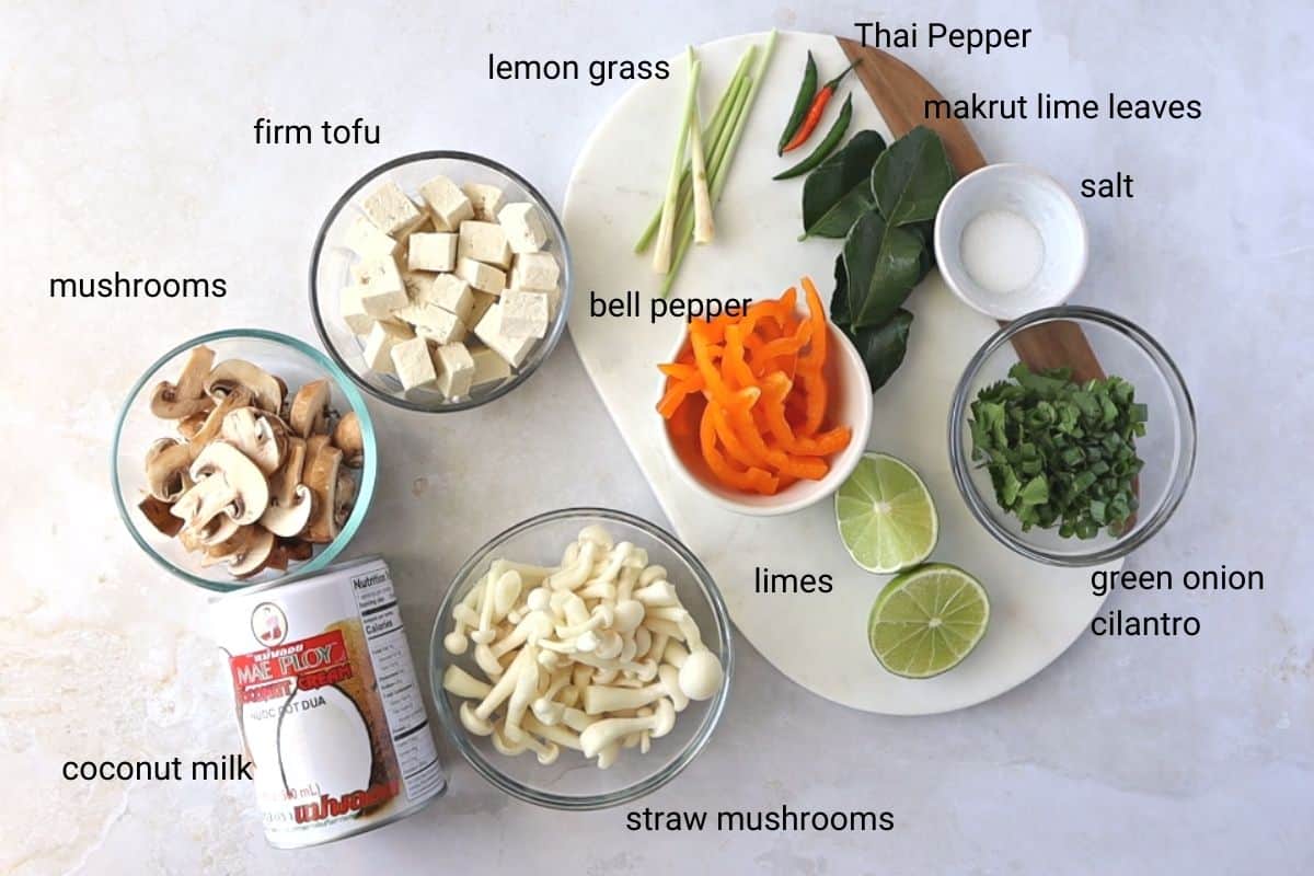 Ingredients for tofu tom kha soup.