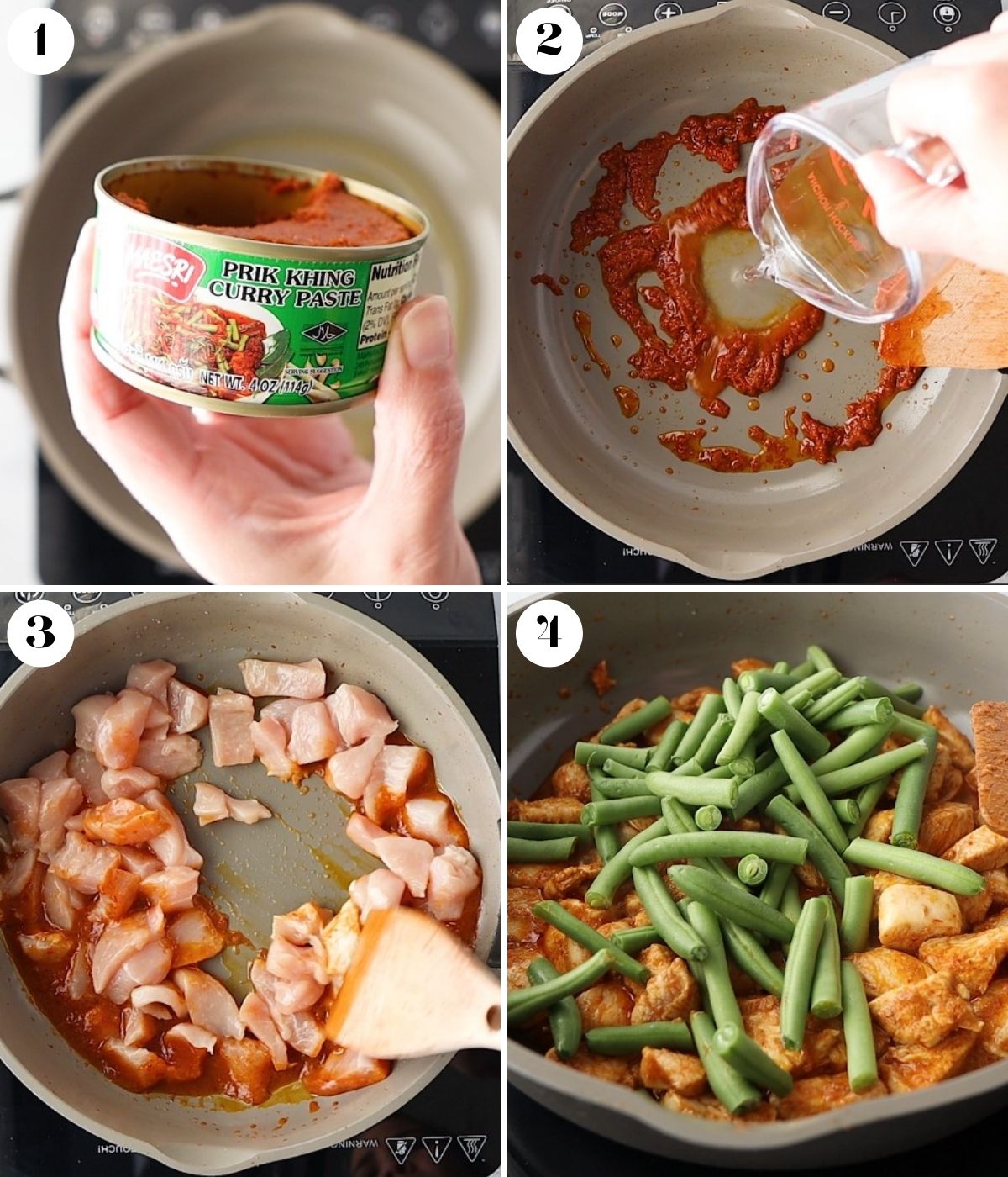 Four images showing the steps to make pad prik khing.