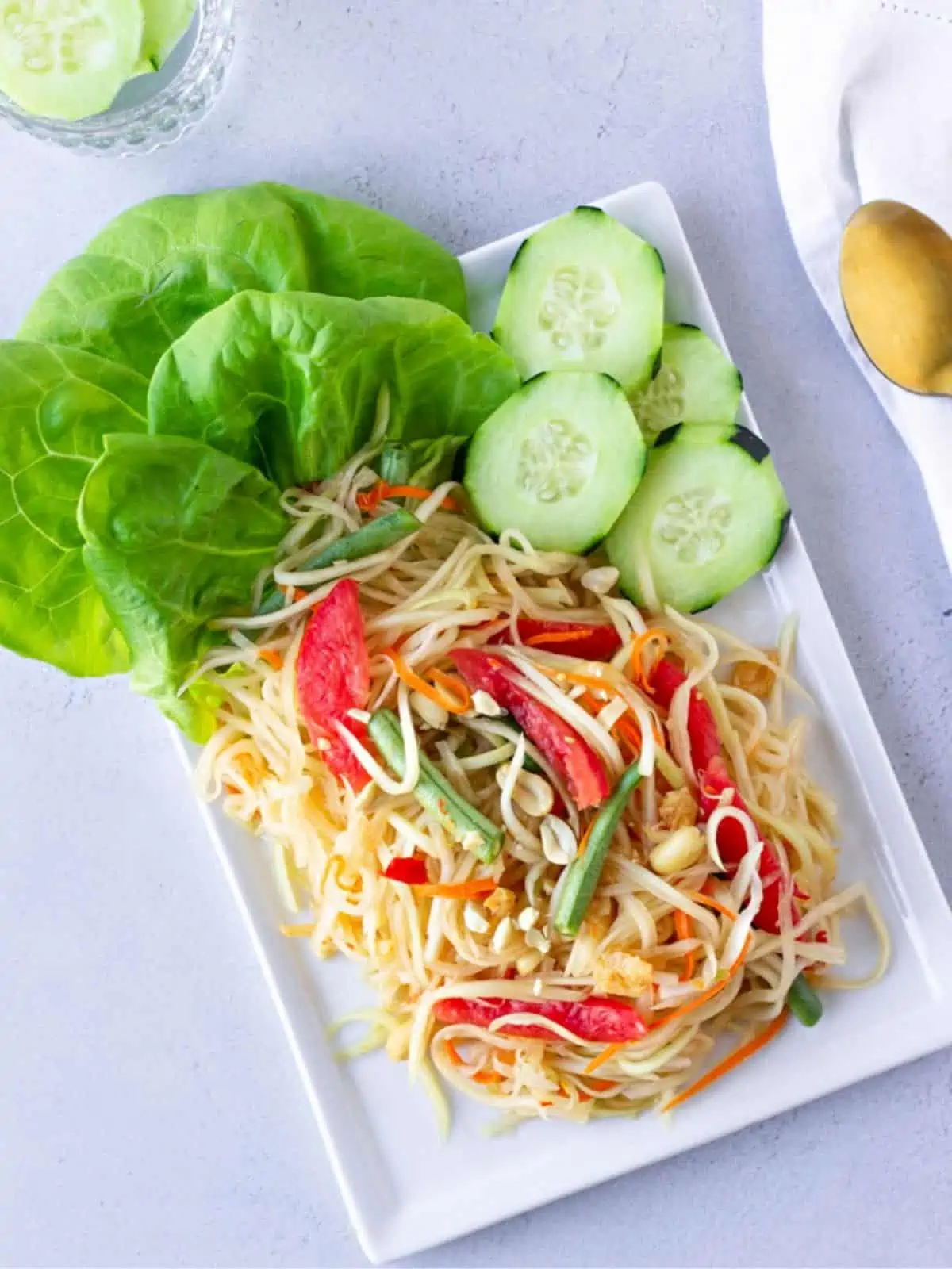 Overhead view of Som Tum on a plate.