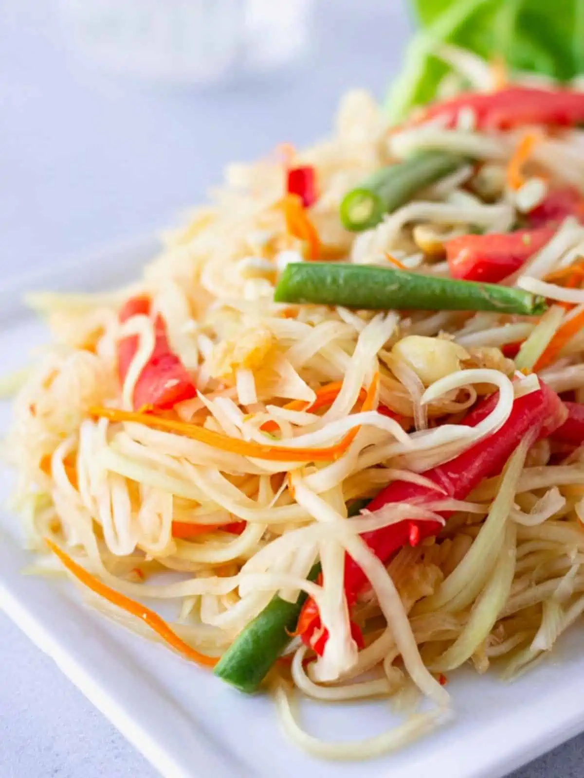 Up close view of Thai papaya salad.