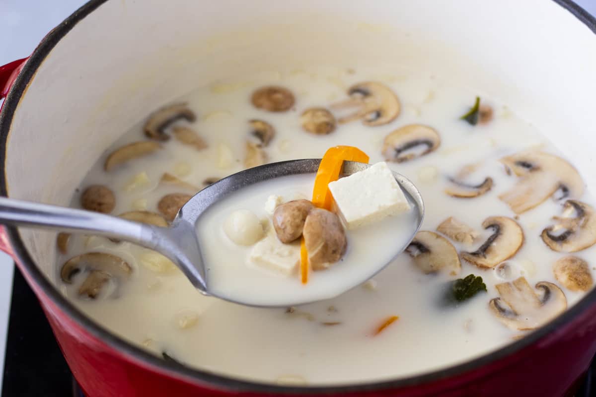 Spoon ladling soup in a large pot.