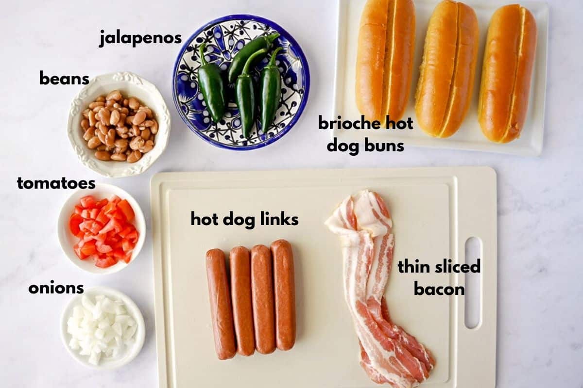 Ingredients with text for Sonoran hot dogs.
