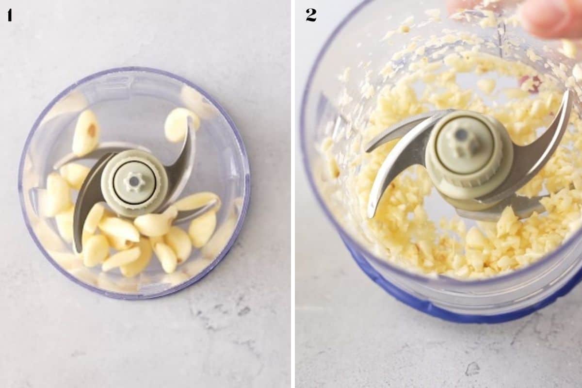 2 images of garlic in a food chopper.