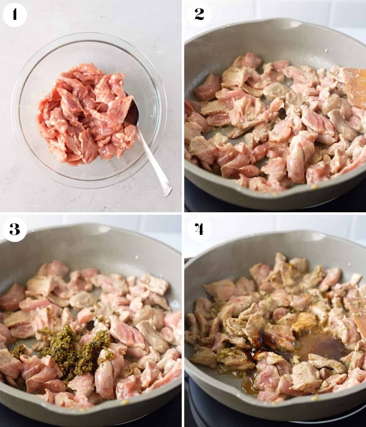 4 images of pork being cooked in a skillet.