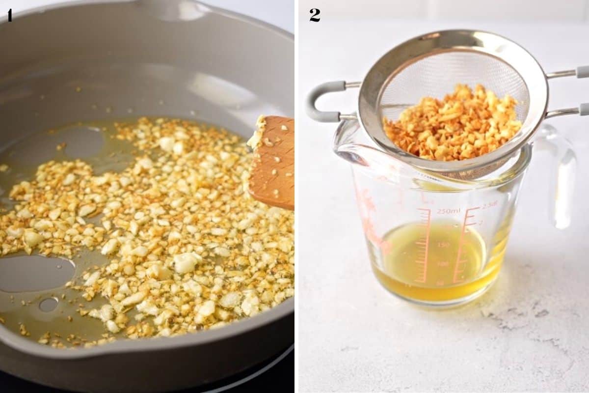 2 images of garlic being fried.