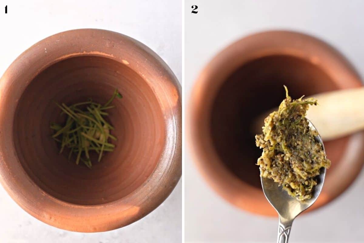 2 images of mortar grinding spices and cilantro stems.