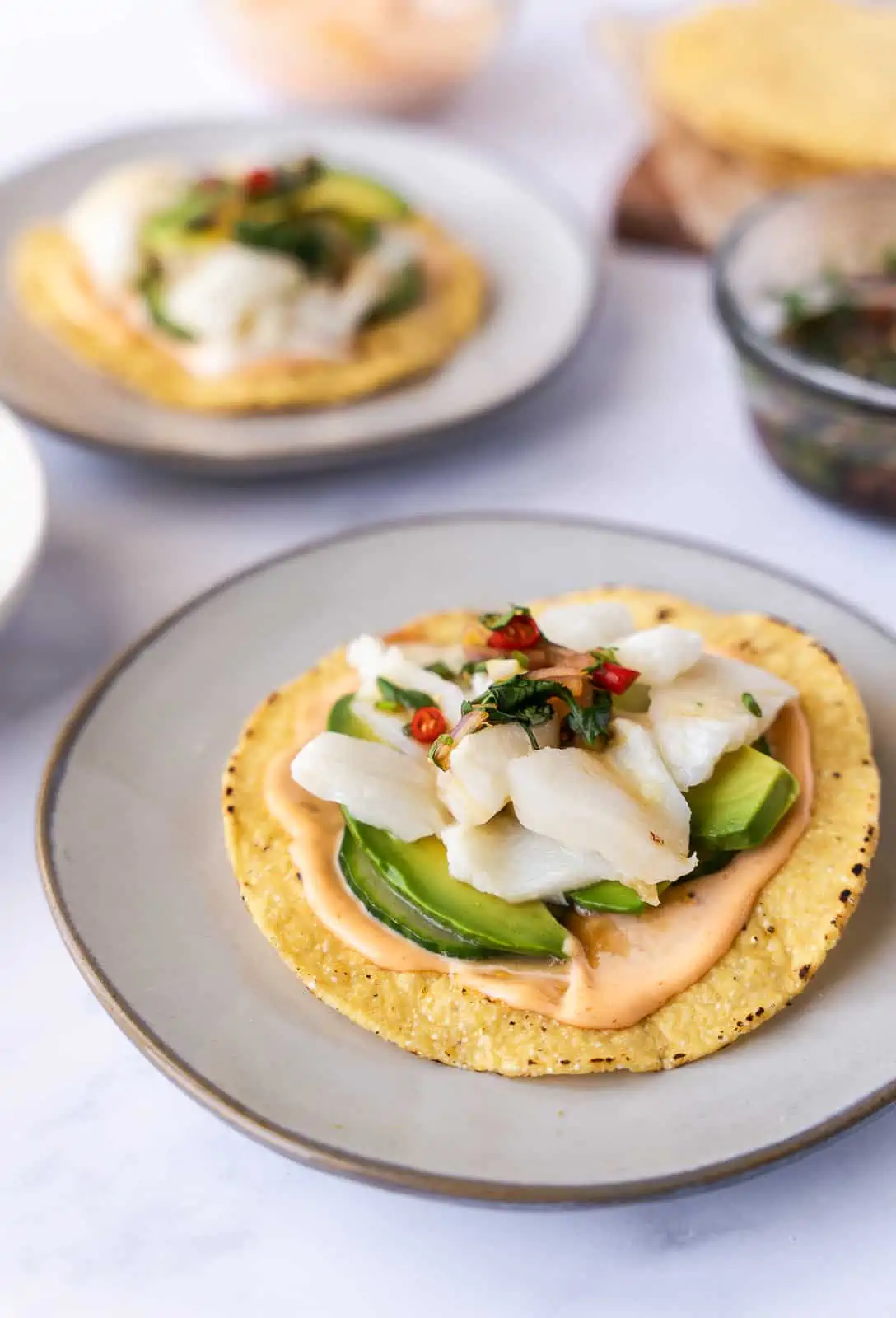 Two assembled sea bass ceviche tostadas on plates.