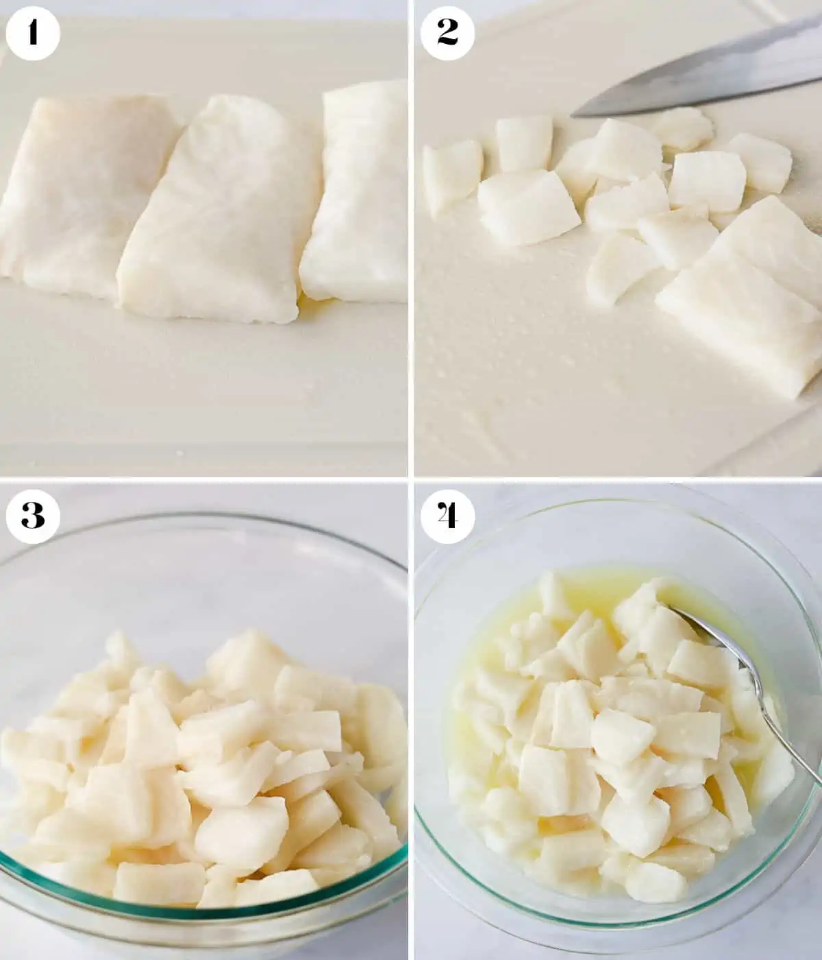 Collage of 4 images on how to cure the sea bass in lime juice.