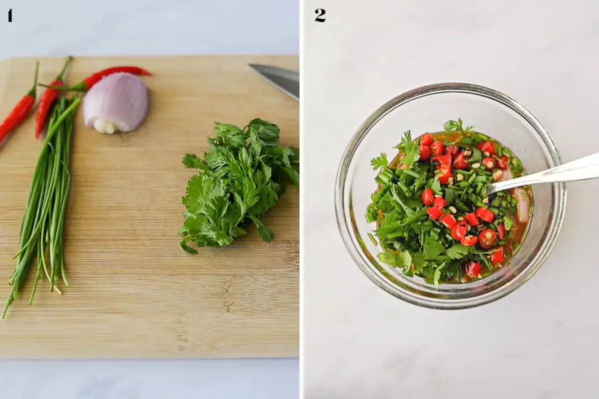 Collage of 2 images for ceviche herb sauce.
