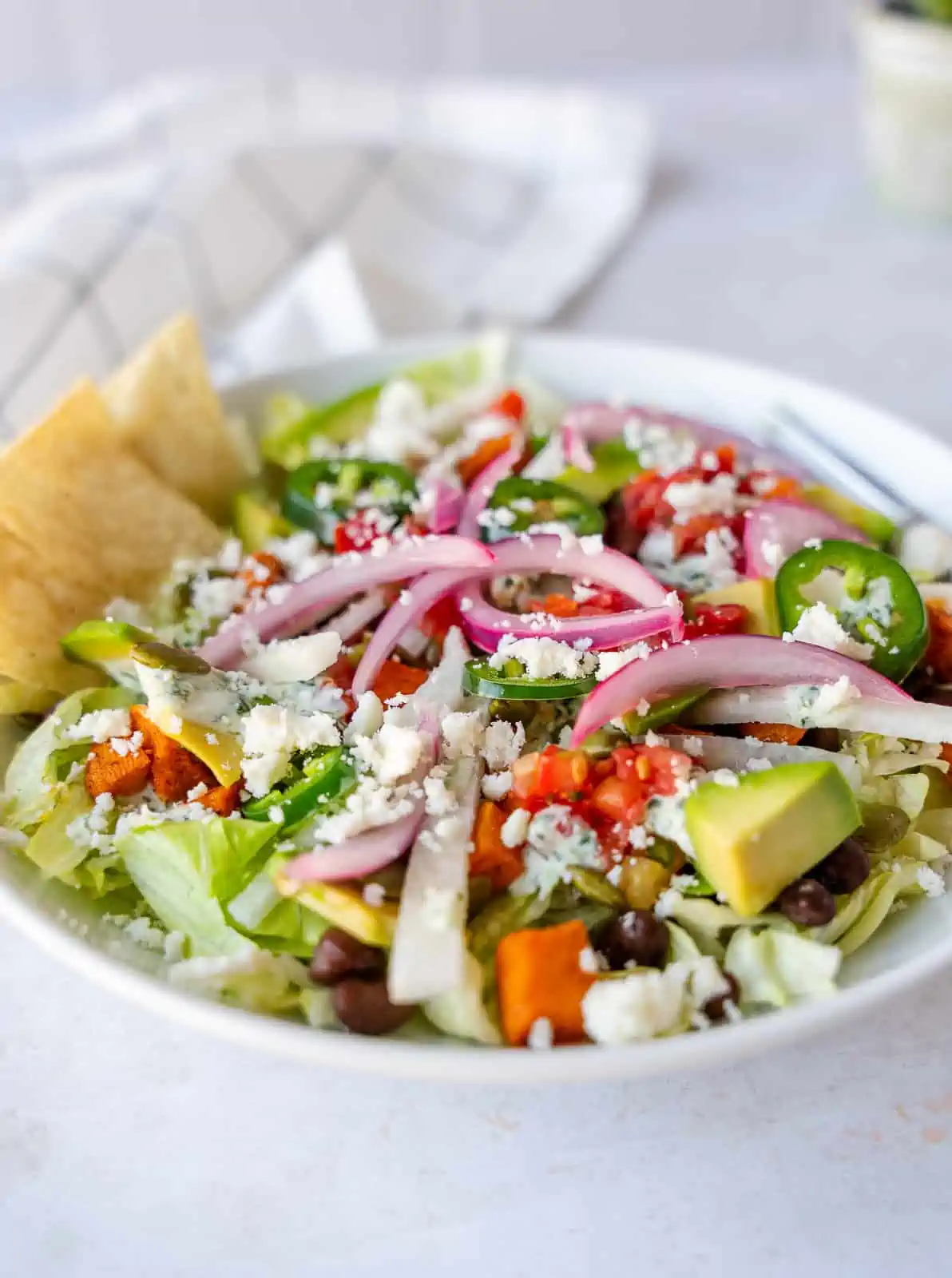 Tacos salad topped with crumbled cheese