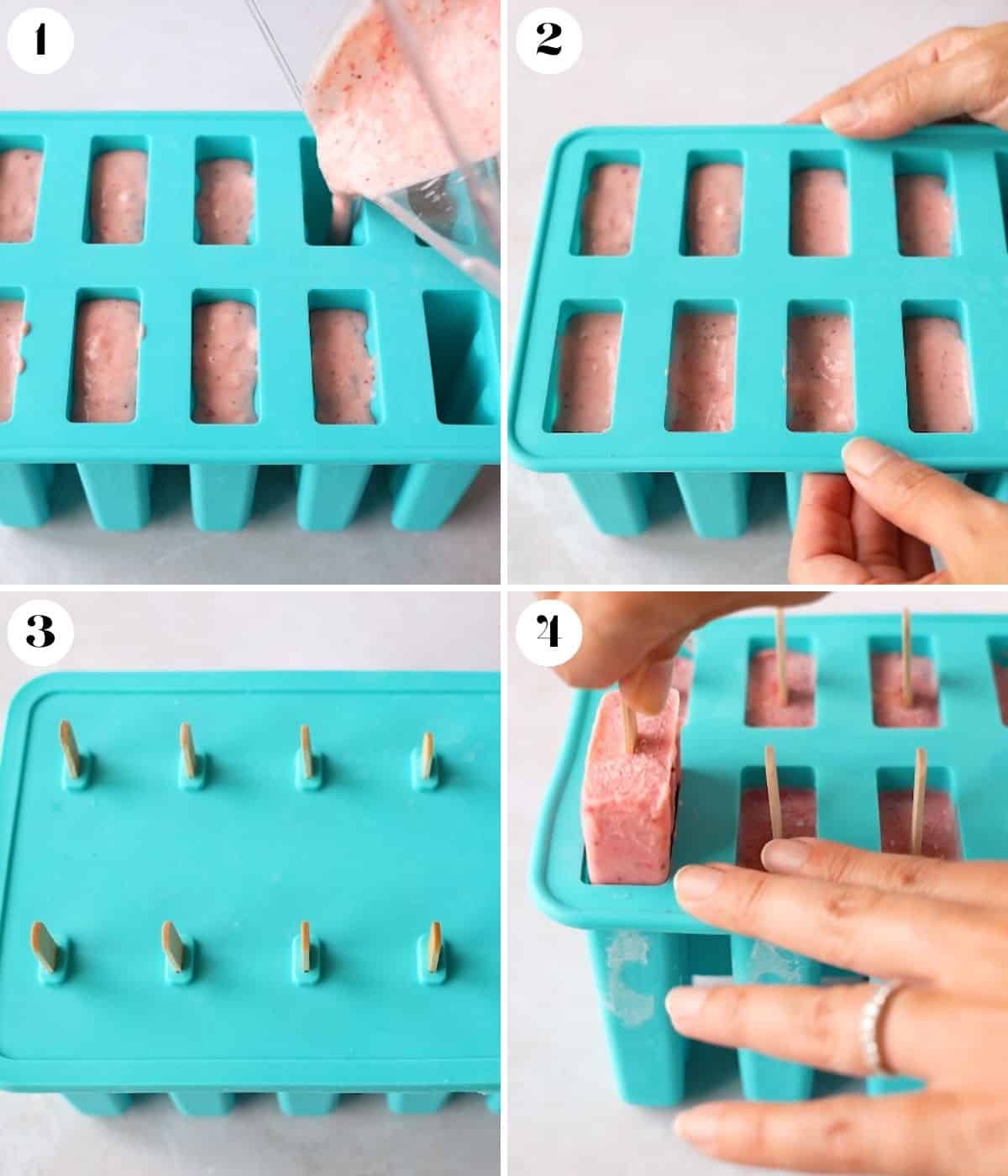 Collage of filling the popsicle mold.