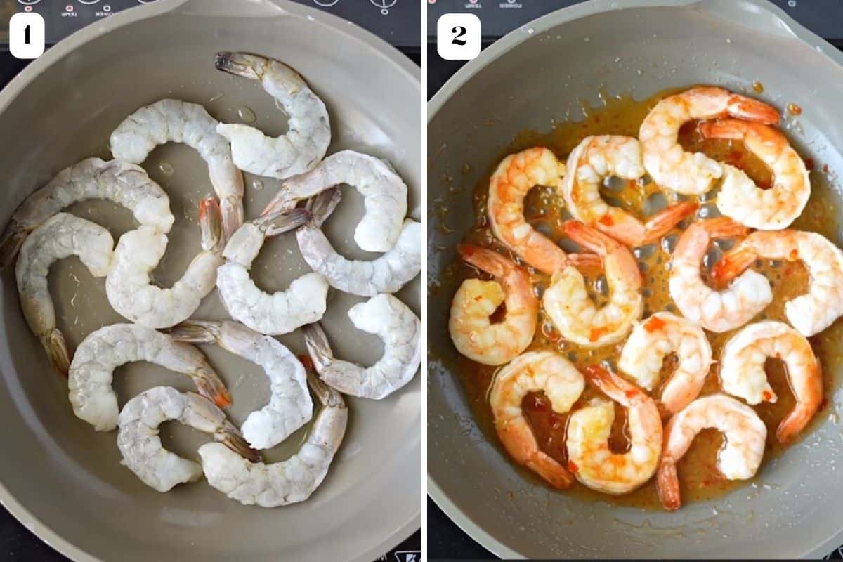 2 image collage of cooking shrimp in a pan.