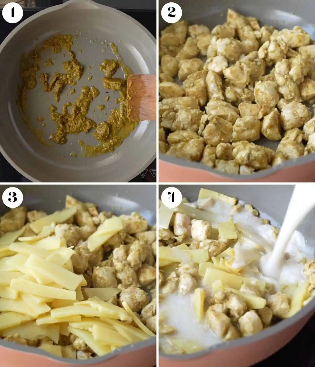 Four image collage of steps to make the green curry.