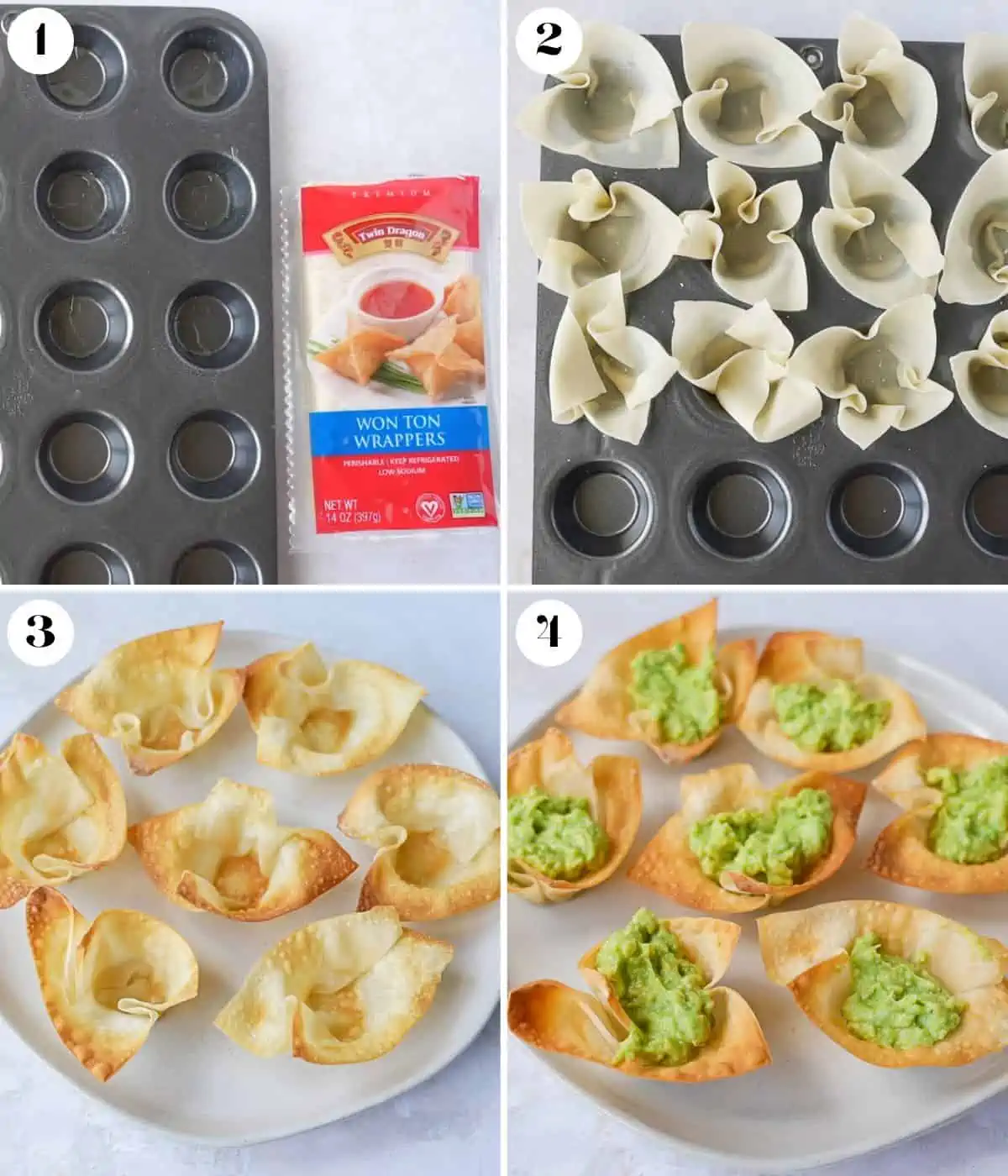 Four images in a collage on how to make wonton cups.
