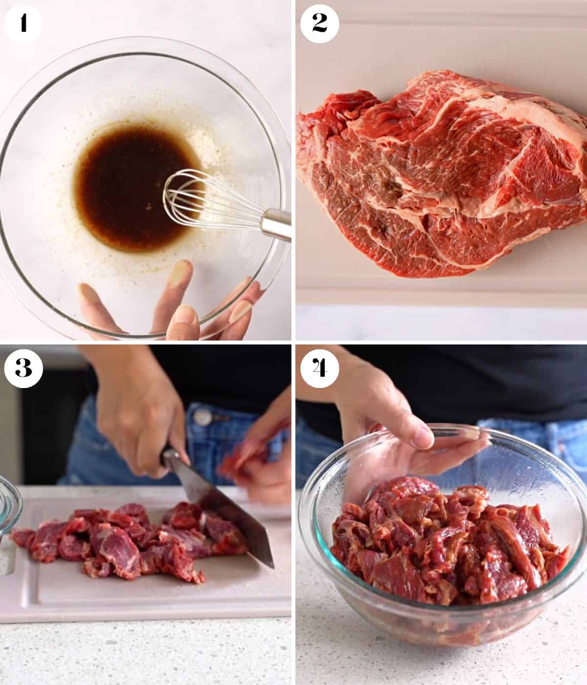 Four image collage of slicing and marinating beef.