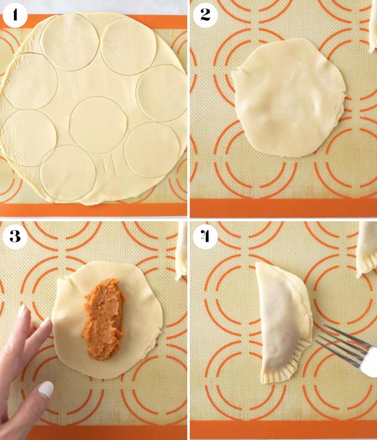 Collage of 4 images on how to cut circles in the pie dough.