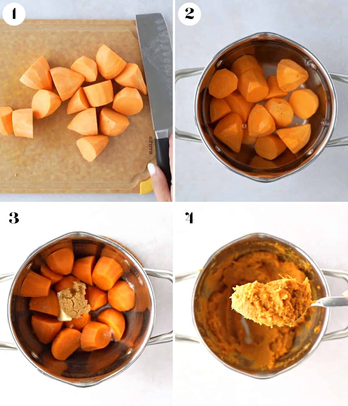 4 image collage of sweet potatoes being diced, boiled, and mashed.