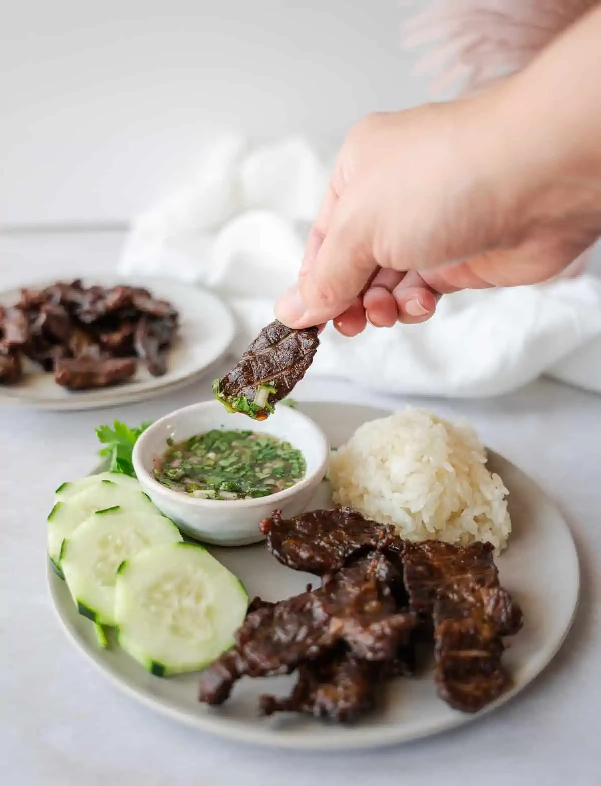 Hand holding a piece of beef being dipped into a sauce.