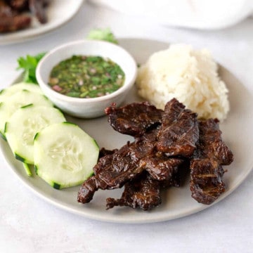 Feature image of beef jerky on a plate with rice and cucumbers.