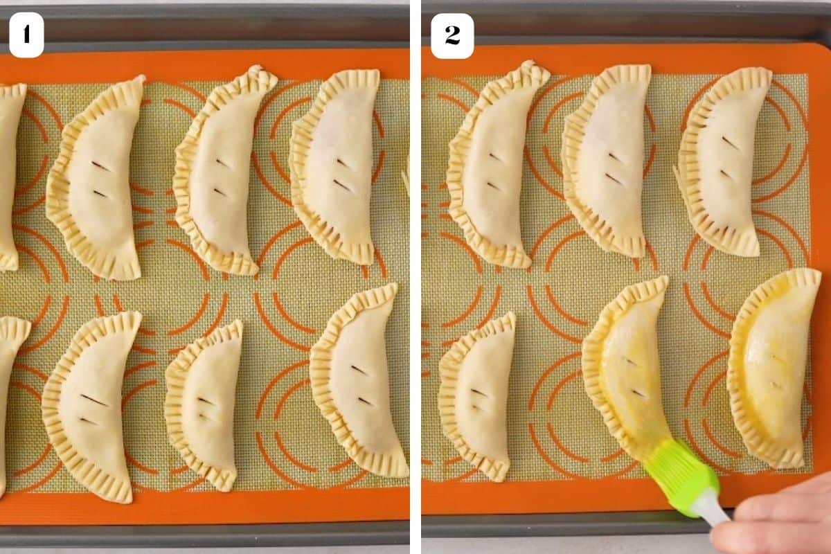 Two images of folded empanadas and one getting an egg wash.