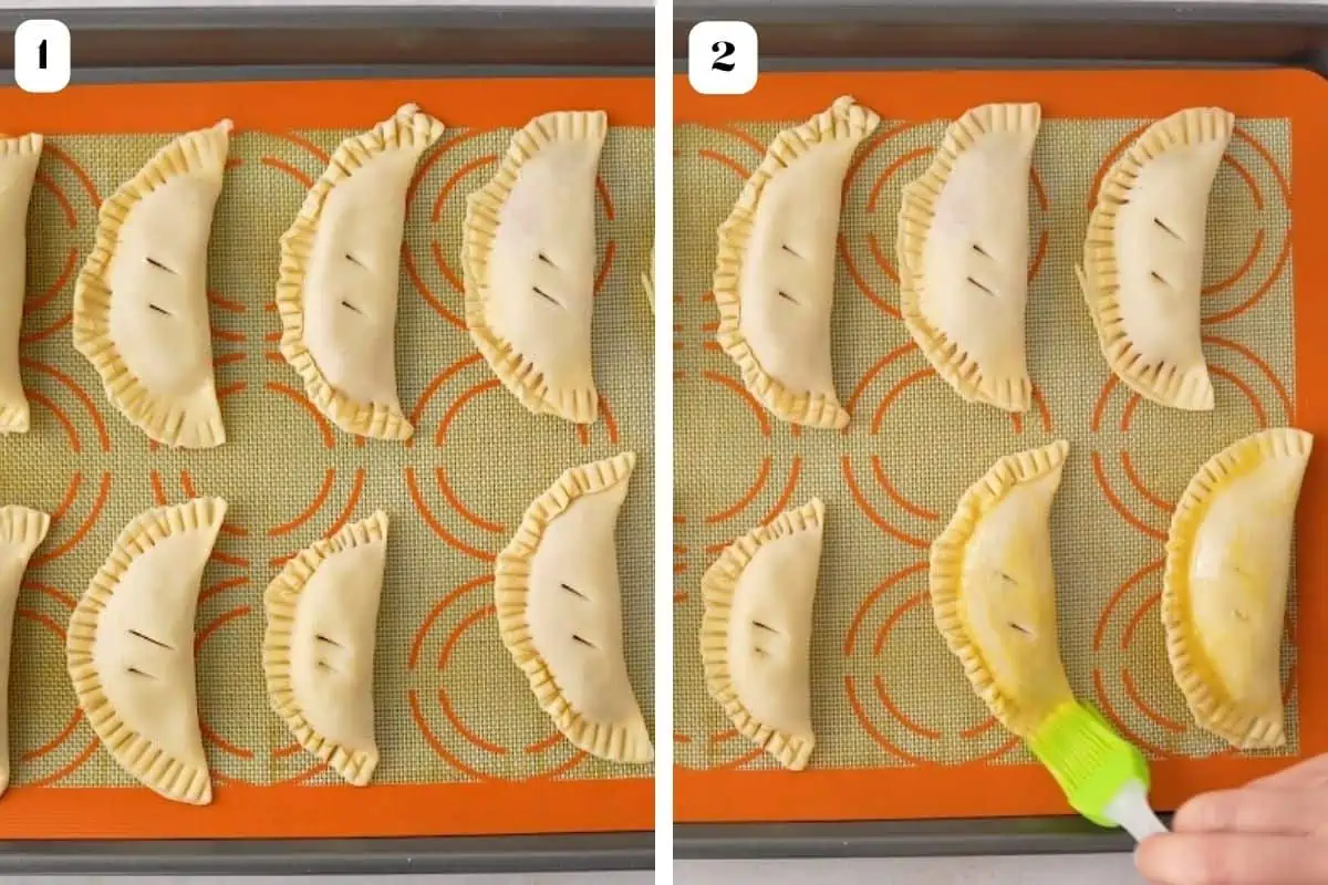 Two images of folded empanadas and one getting an egg wash.