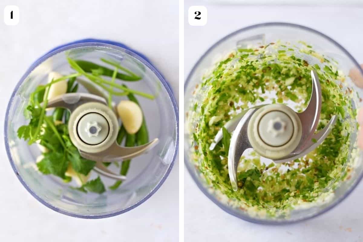 2 image collage of herbs and garlic in a food chopper.