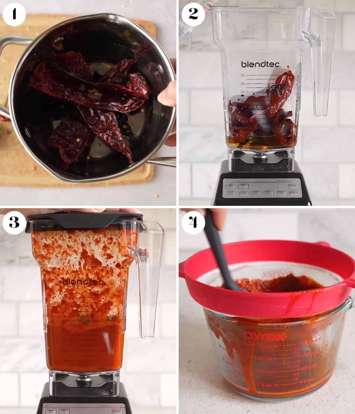 Collage of 4 images blending chilis for red sauce.