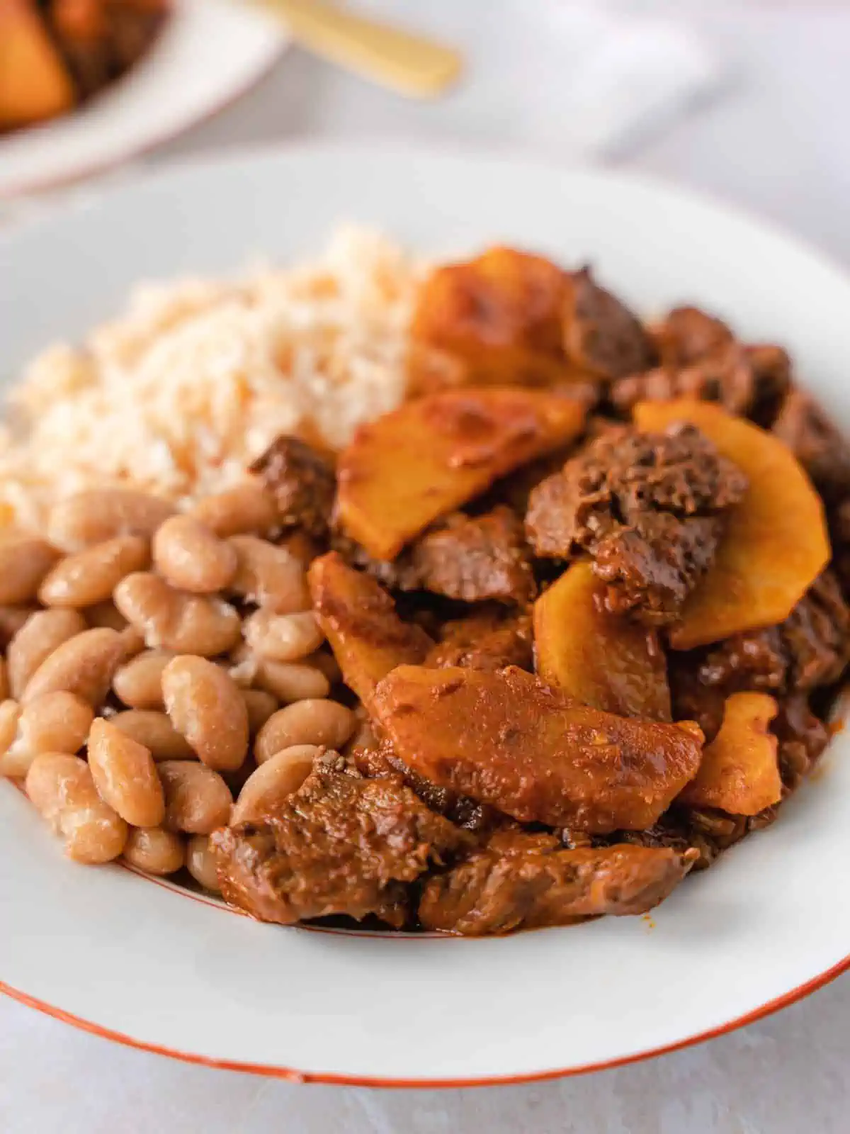 Beef and potatoes on a plate with rice and beans.