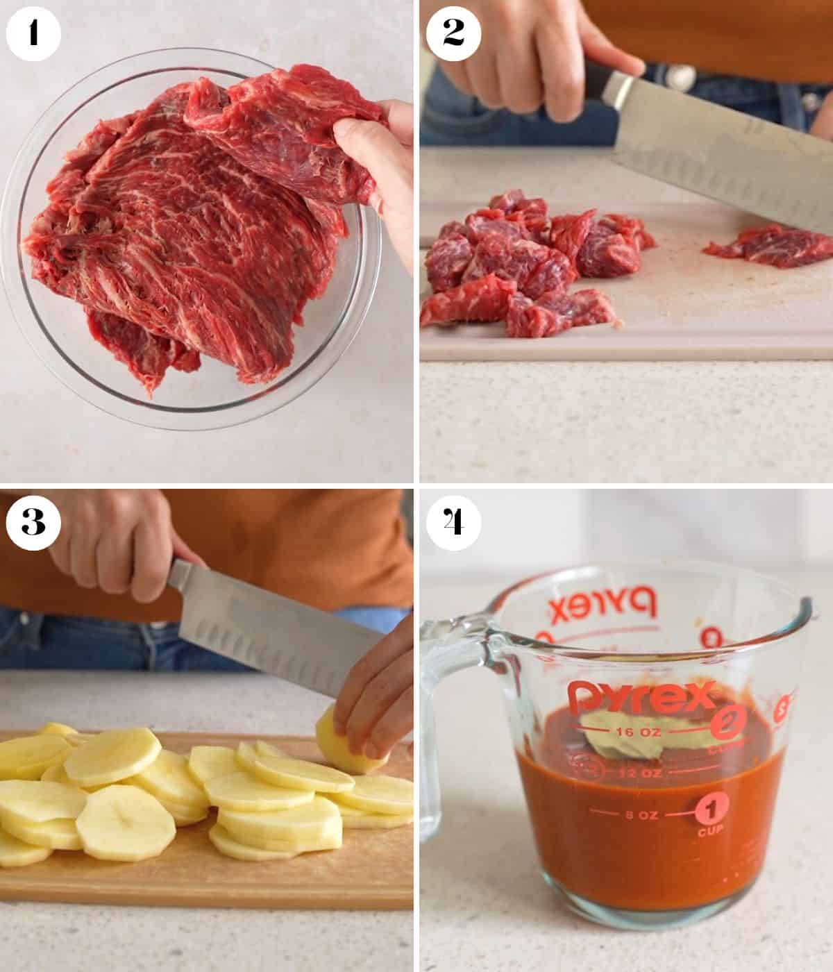 Collage of 4 images slicing beef and potatoes.