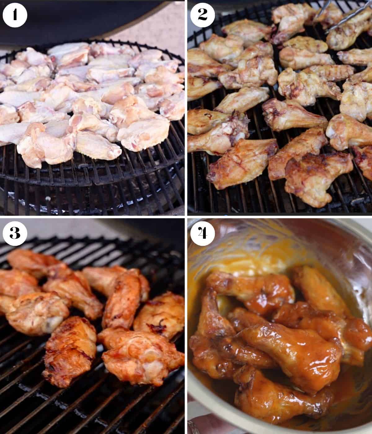 Collage of 4 images of wings on the grill.