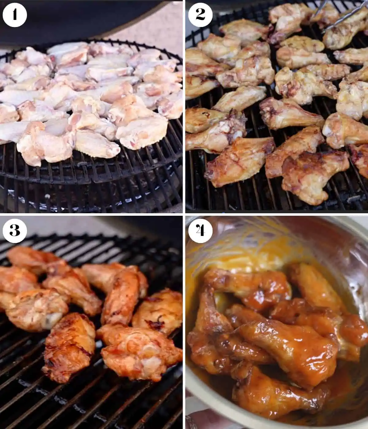 Collage of 4 images of wings on the grill.