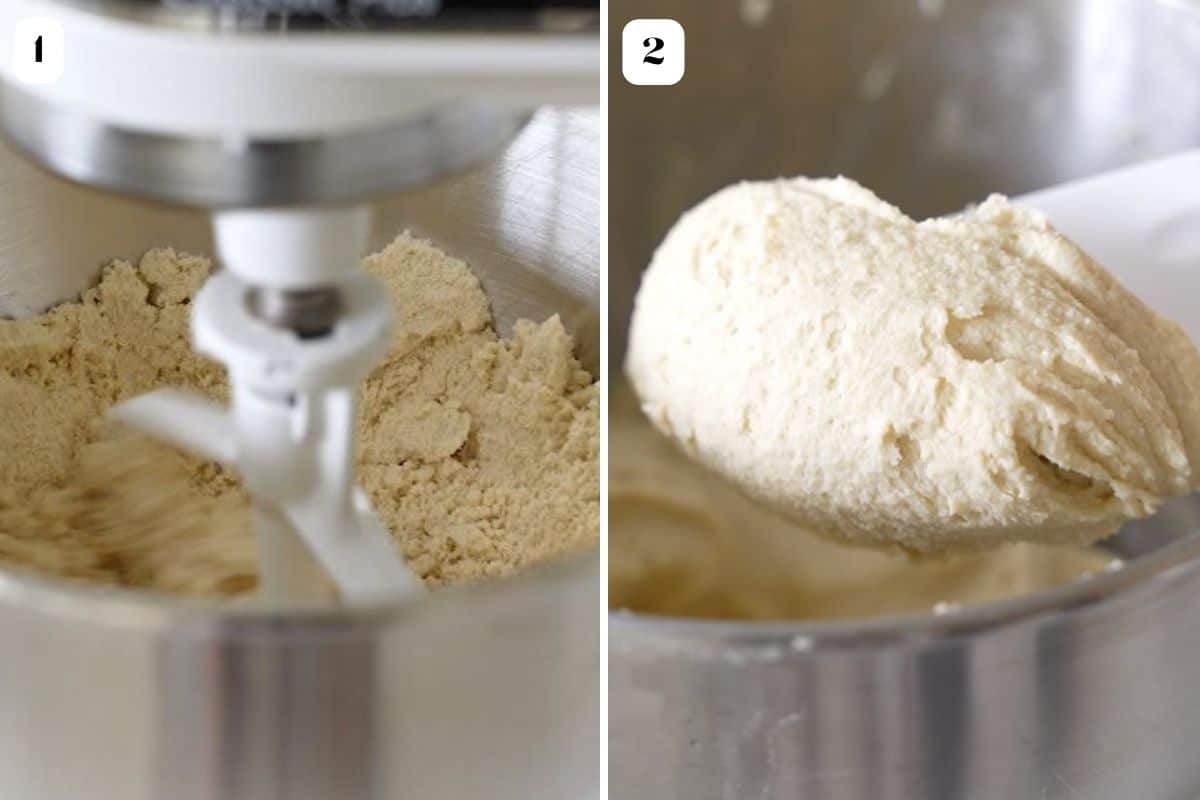 2 images showing masa being mixed in a stand mixer.