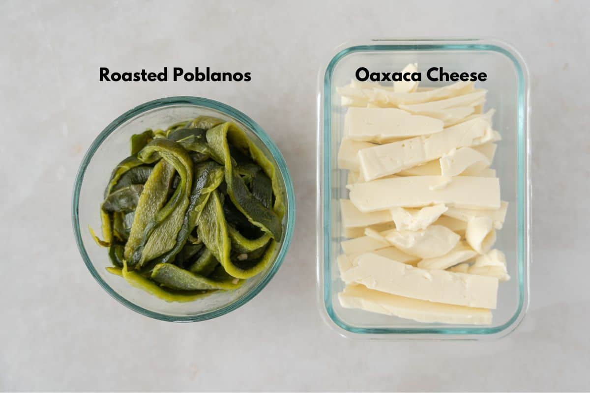 Roasted poblanos and Oaxaca cheese.