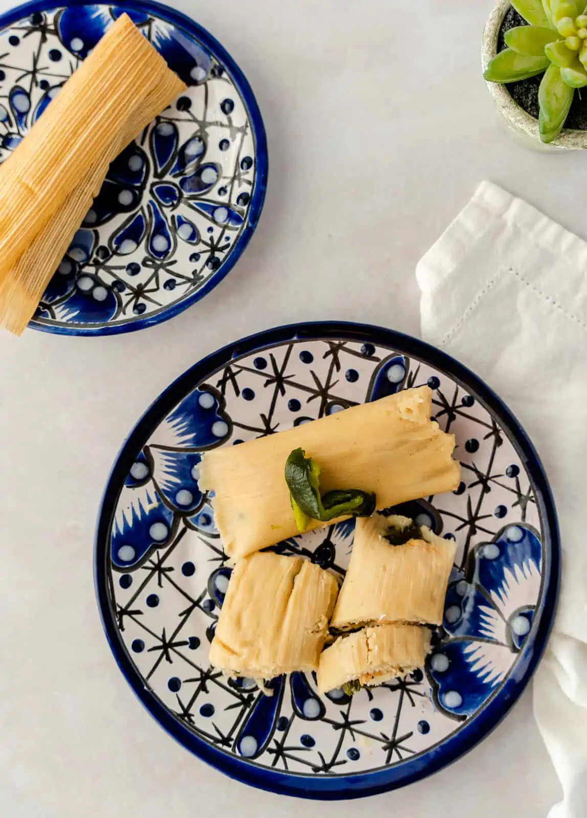 Overhead view of tamales on 2 blue plates.