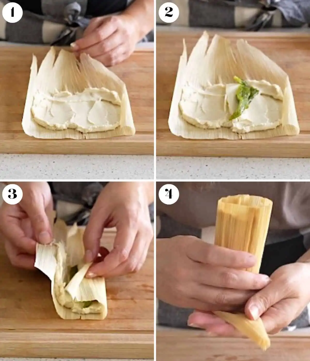 Collage of 4 images showing how to wrap a tamale.