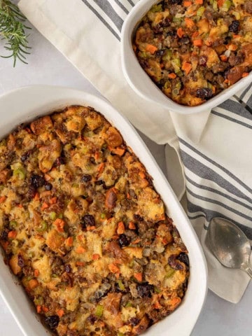 Feature image of stuffing in 2 casserole dishes.