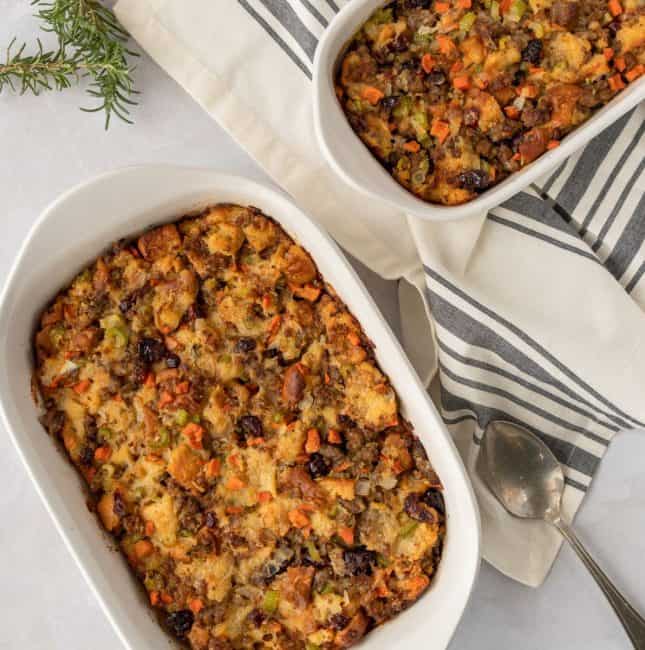 Feature image of stuffing in 2 casserole dishes.