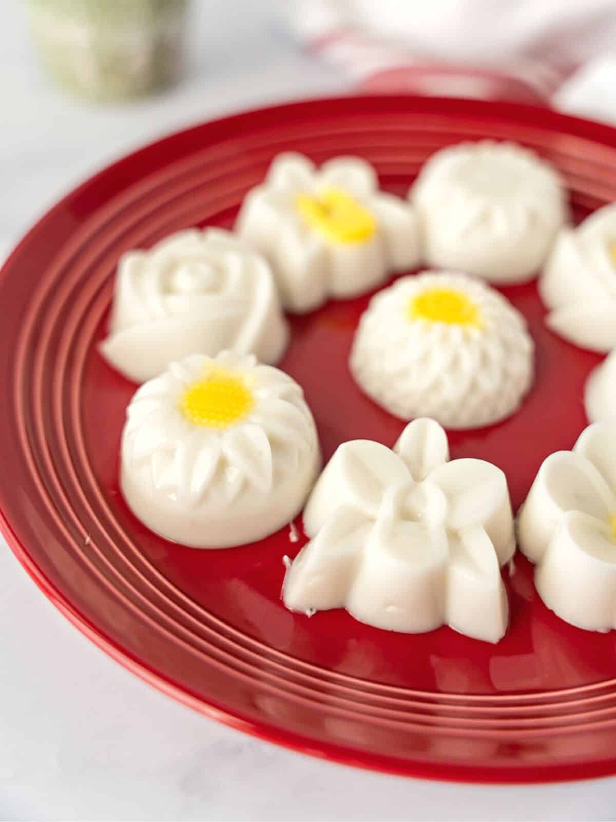 Mini coconut jelly in a flower mold on a red plate.